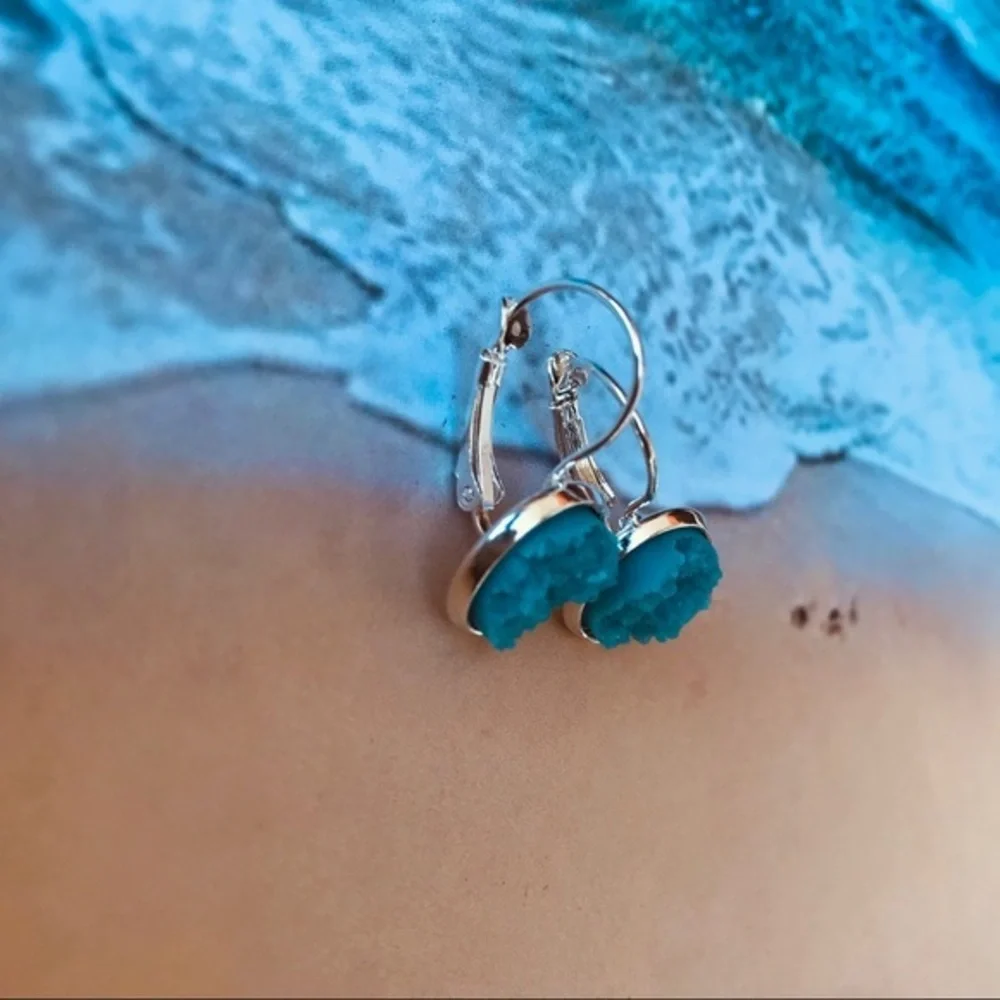 Aqua Druzy Lever Back Earrings Silver Alloy